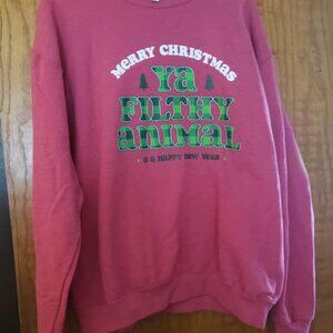 Jerzees NuBlend Christmas Sweatshirt L Red “Ya Filthy Animal” Unisex Pullover
